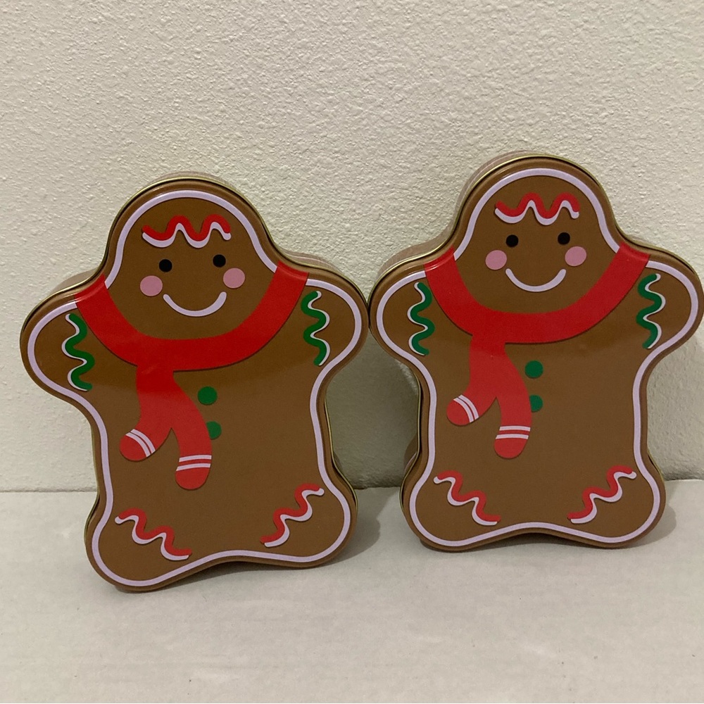 Gingerbread Man Tin Christmas Container Cookies 6 X 7.5 set Of 2